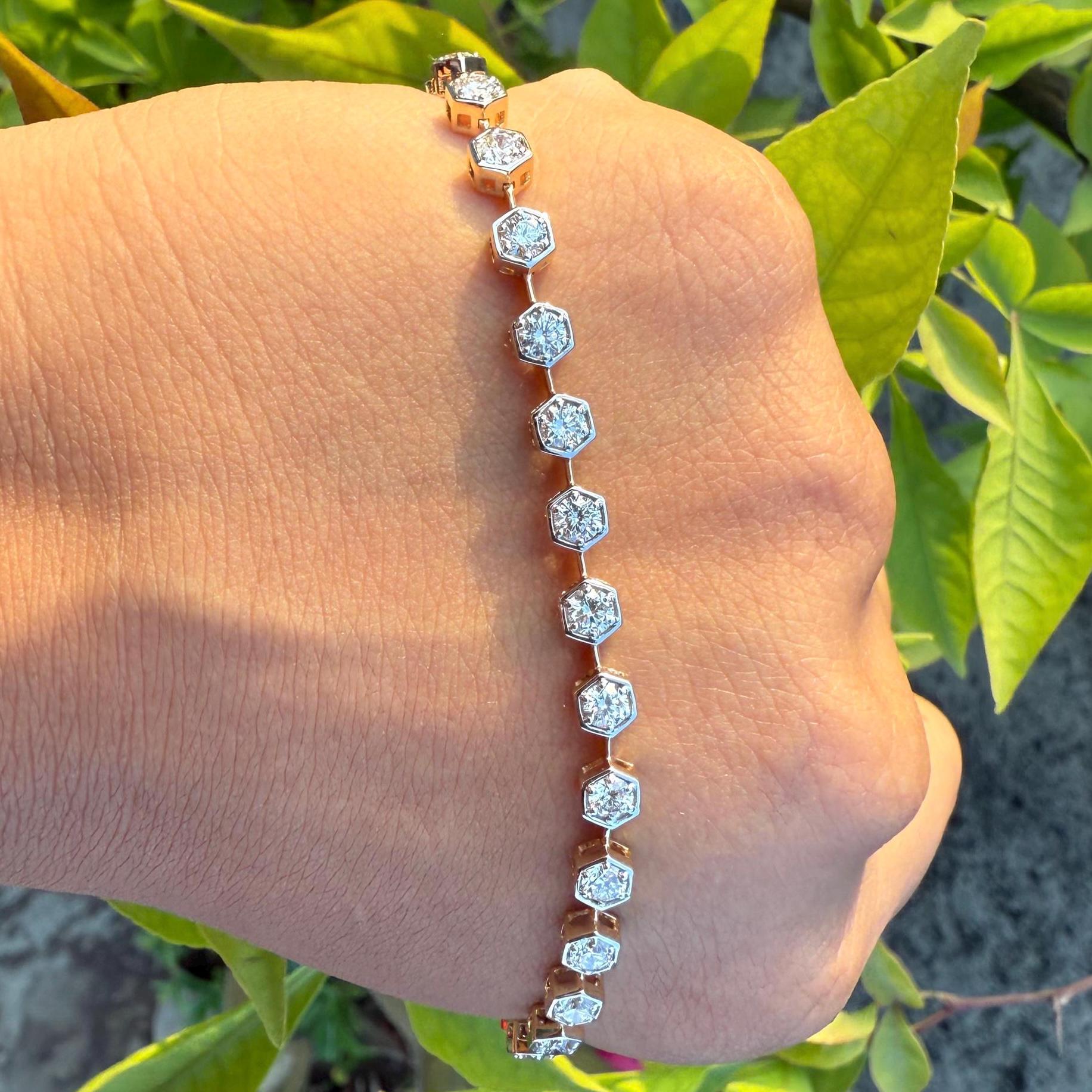 Lab Grown Diamond Tennis Bracelet, 14K Gold Hexagon Bezel