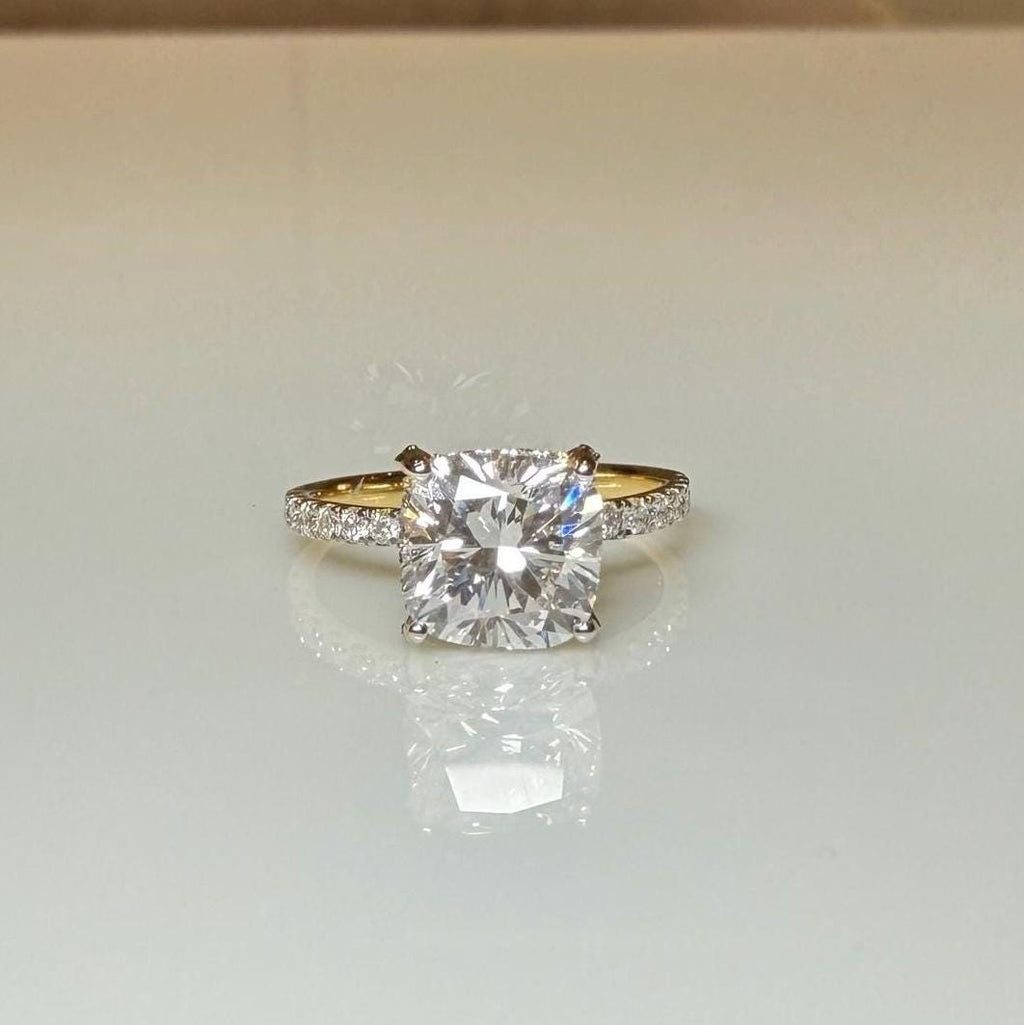 Cushion Cut Lab Grown Diamond Engagement Ring: 14K Gold Hidden Halo, IGI Certified