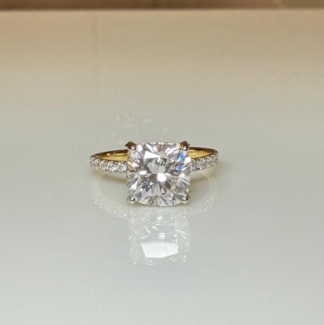 Cushion Cut Lab Grown Diamond Engagement Ring: 14K Gold Hidden Halo, IGI Certified