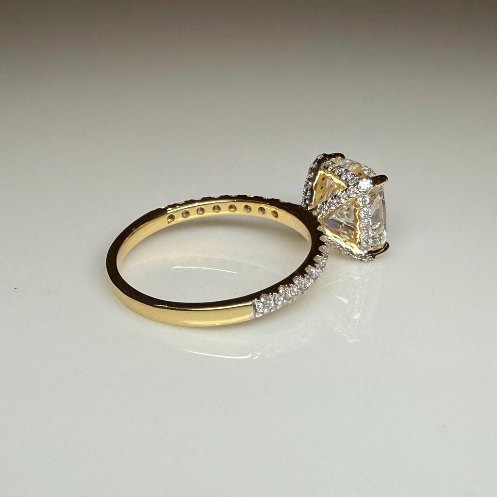 Cushion Cut Lab Grown Diamond Engagement Ring: 14K Gold Hidden Halo, IGI Certified