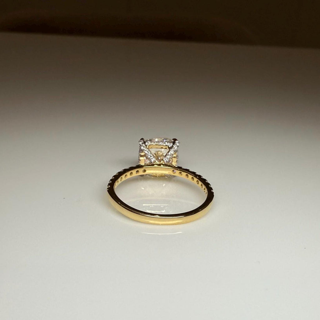 Cushion Cut Lab Grown Diamond Engagement Ring: 14K Gold Hidden Halo, IGI Certified