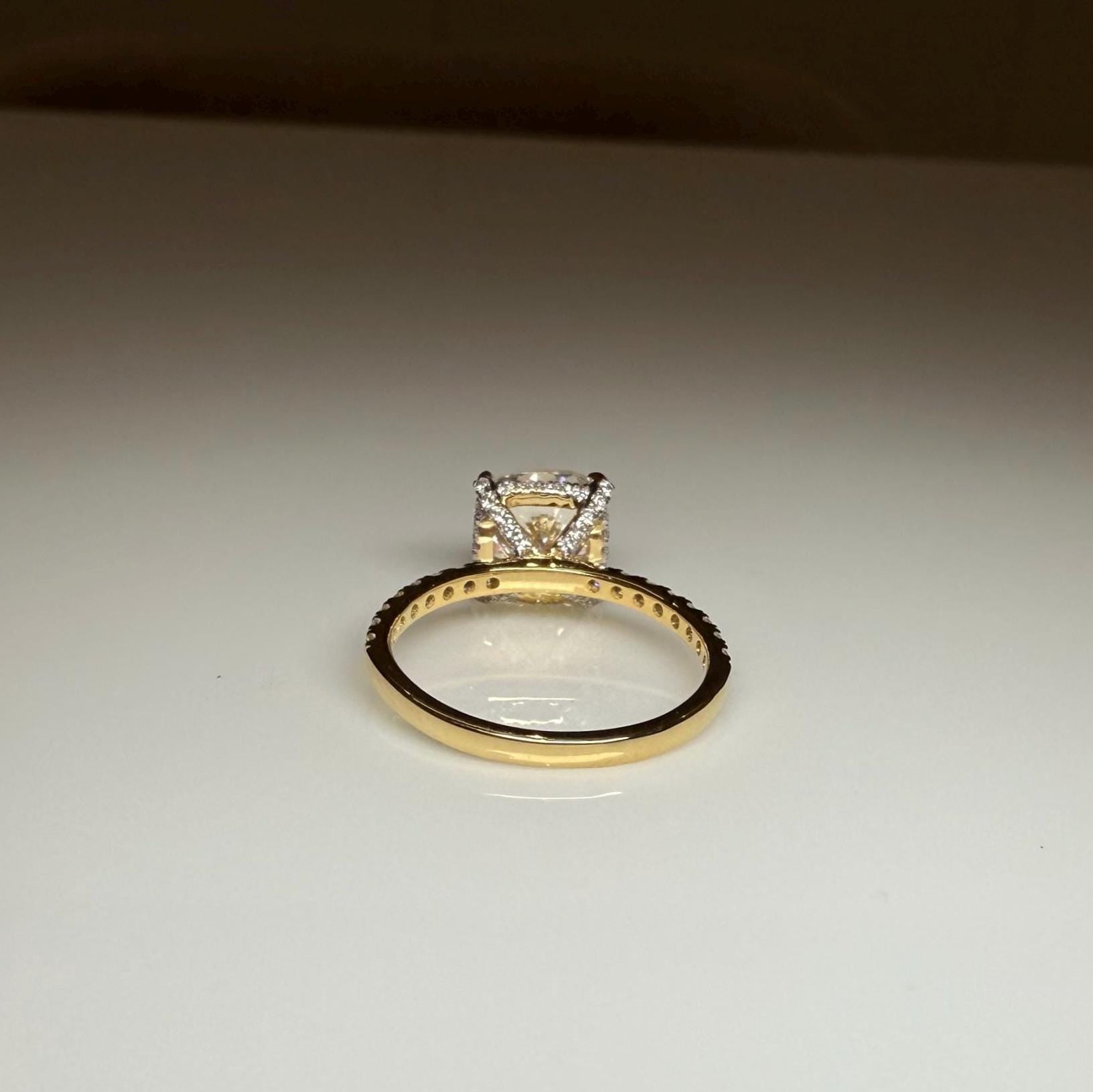 Cushion Cut Lab Grown Diamond Engagement Ring: 14K Gold Hidden Halo, IGI Certified