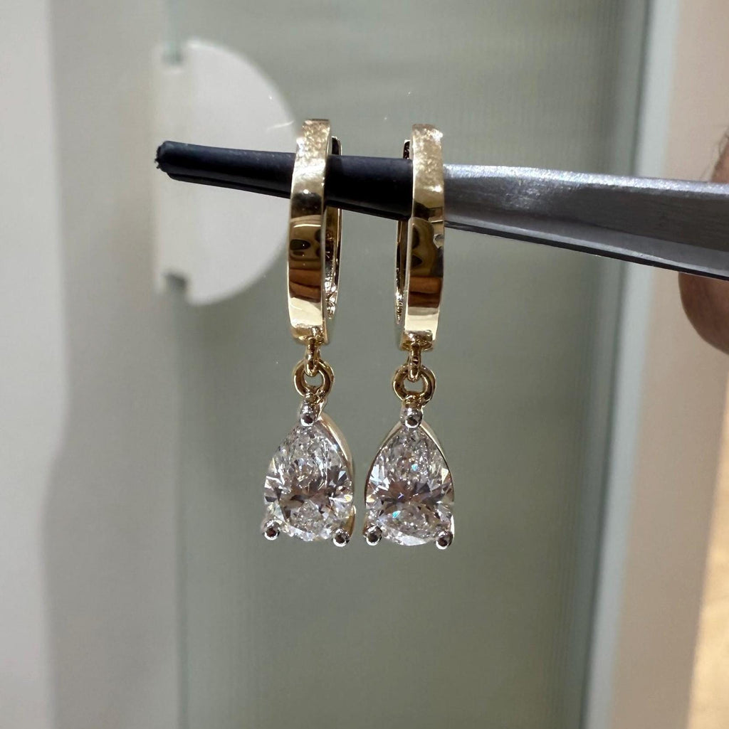 14K Gold Lab Grown Diamond Huggie Earrings | 2CT Pear Drop Hoops, IGI Certified