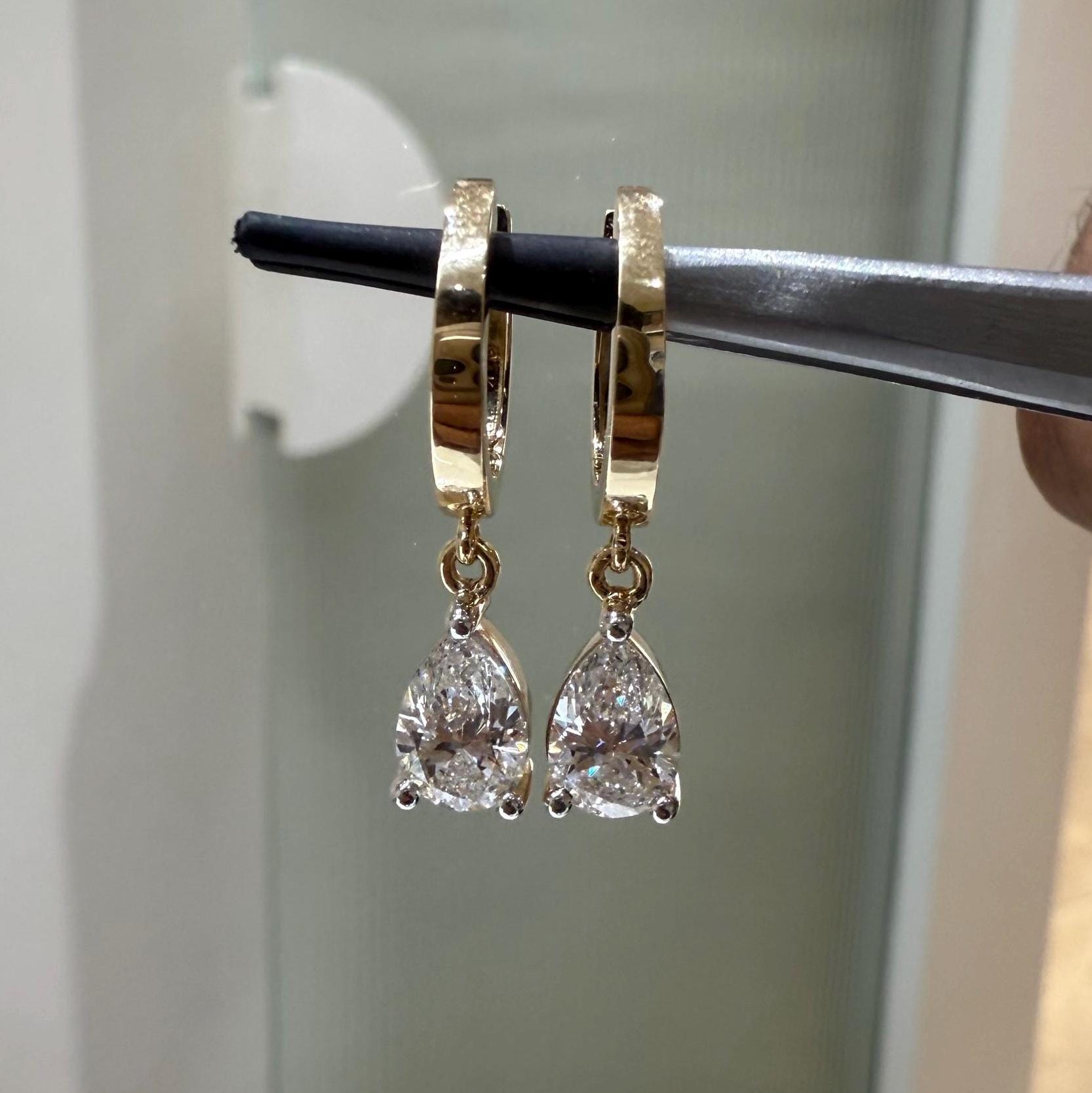 14K Gold Lab Grown Diamond Huggie Earrings | 2CT Pear Drop Hoops, IGI Certified