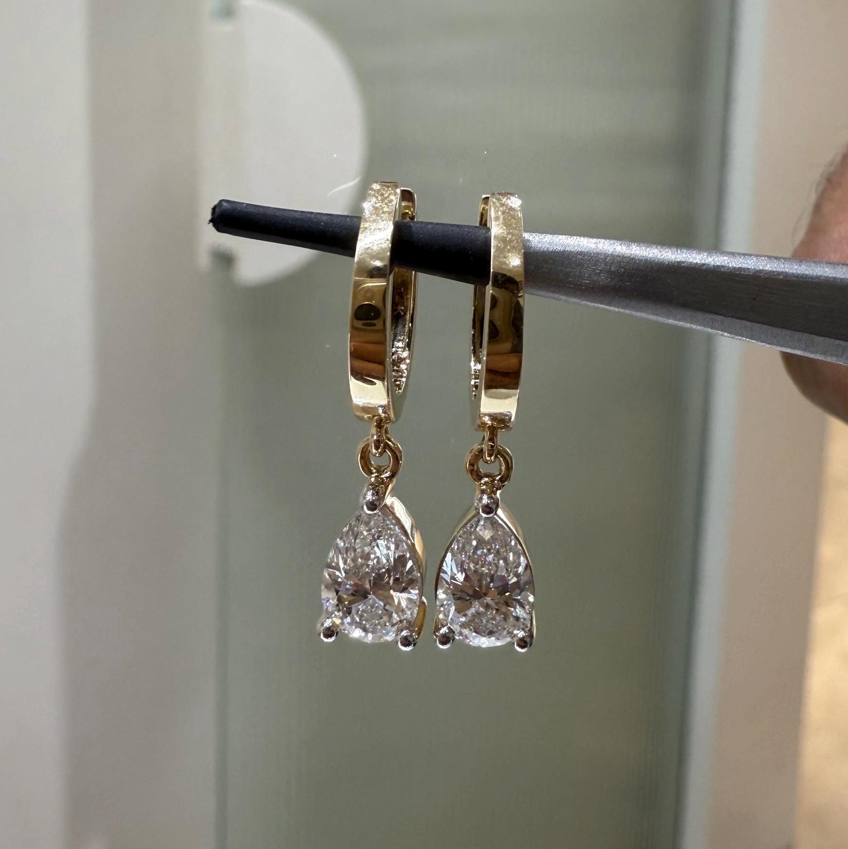 14K Gold Lab Grown Diamond Huggie Earrings | 2CT Pear Drop Hoops, IGI Certified