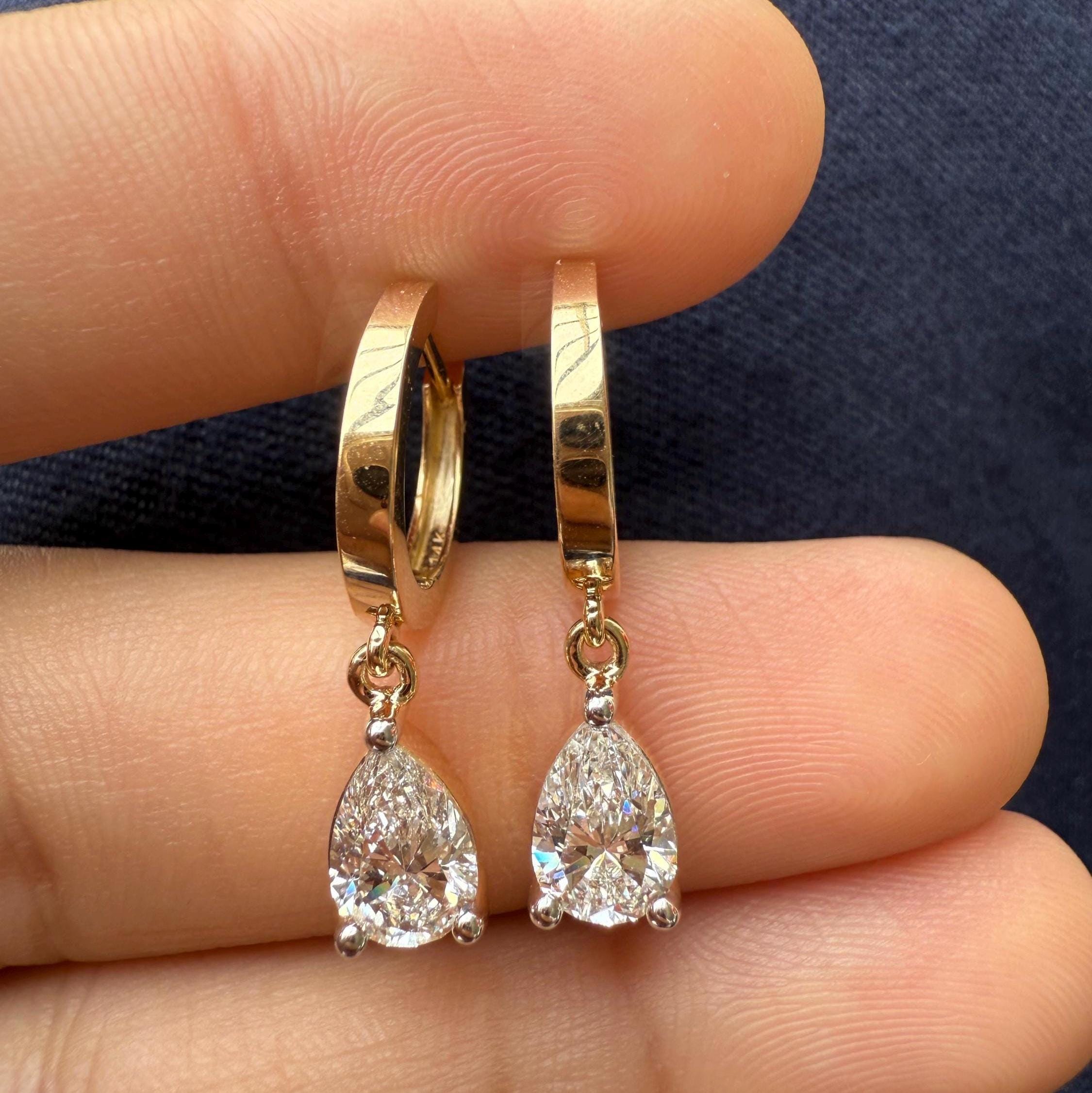 14K Gold Lab Grown Diamond Huggie Earrings | 2CT Pear Drop Hoops, IGI Certified