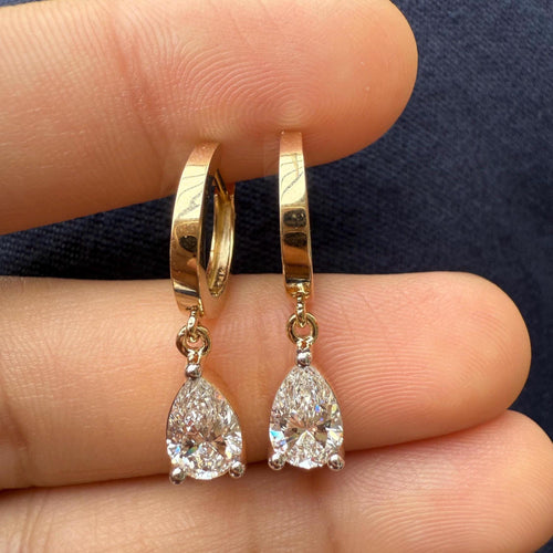 14K Gold Lab Grown Diamond Huggie Earrings | 2CT Pear Drop Hoops, IGI Certified