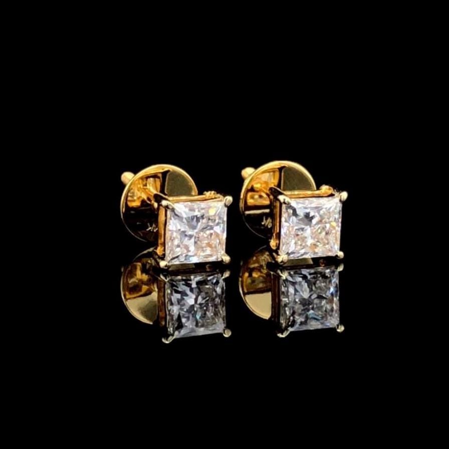 Princess Cut Lab Grown Diamond Stud Earrings: 14K Gold Screw Back