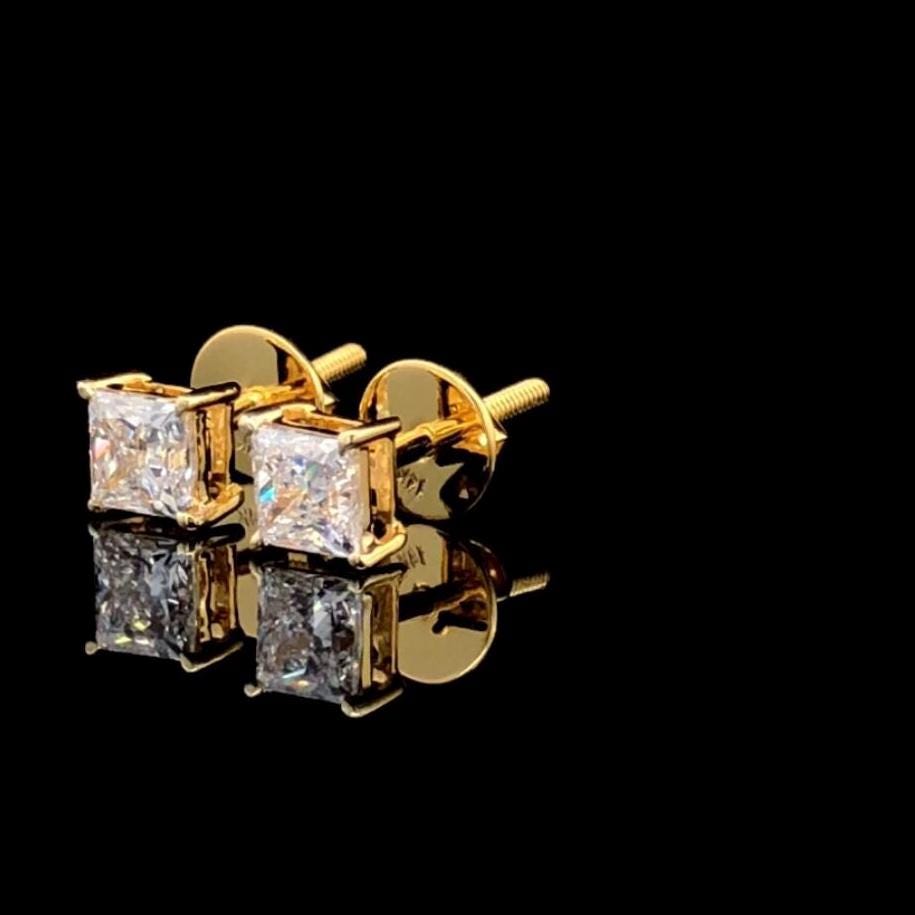 Princess Cut Lab Grown Diamond Stud Earrings: 14K Gold Screw Back