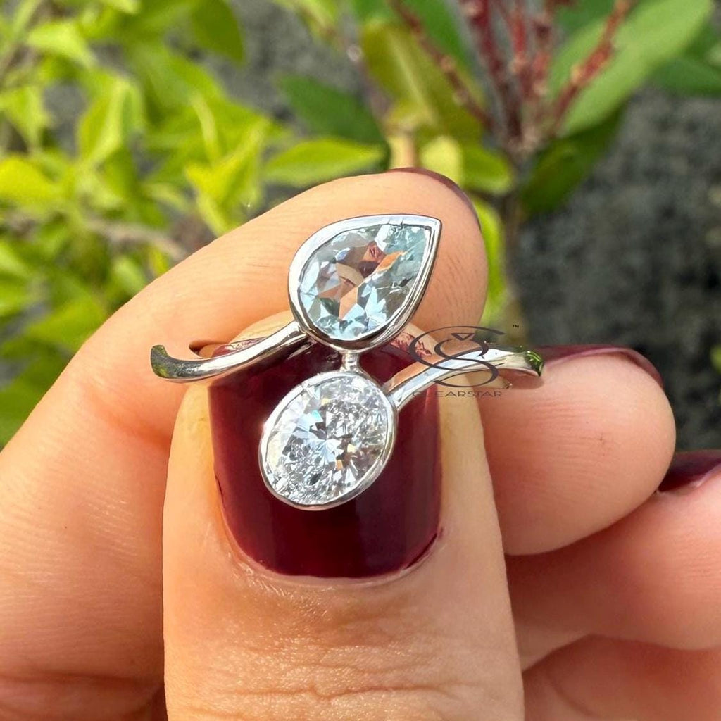 Toi et Moi Ring: 14K Gold, Lab Grown Diamond & Aquamarine Engagement Ring