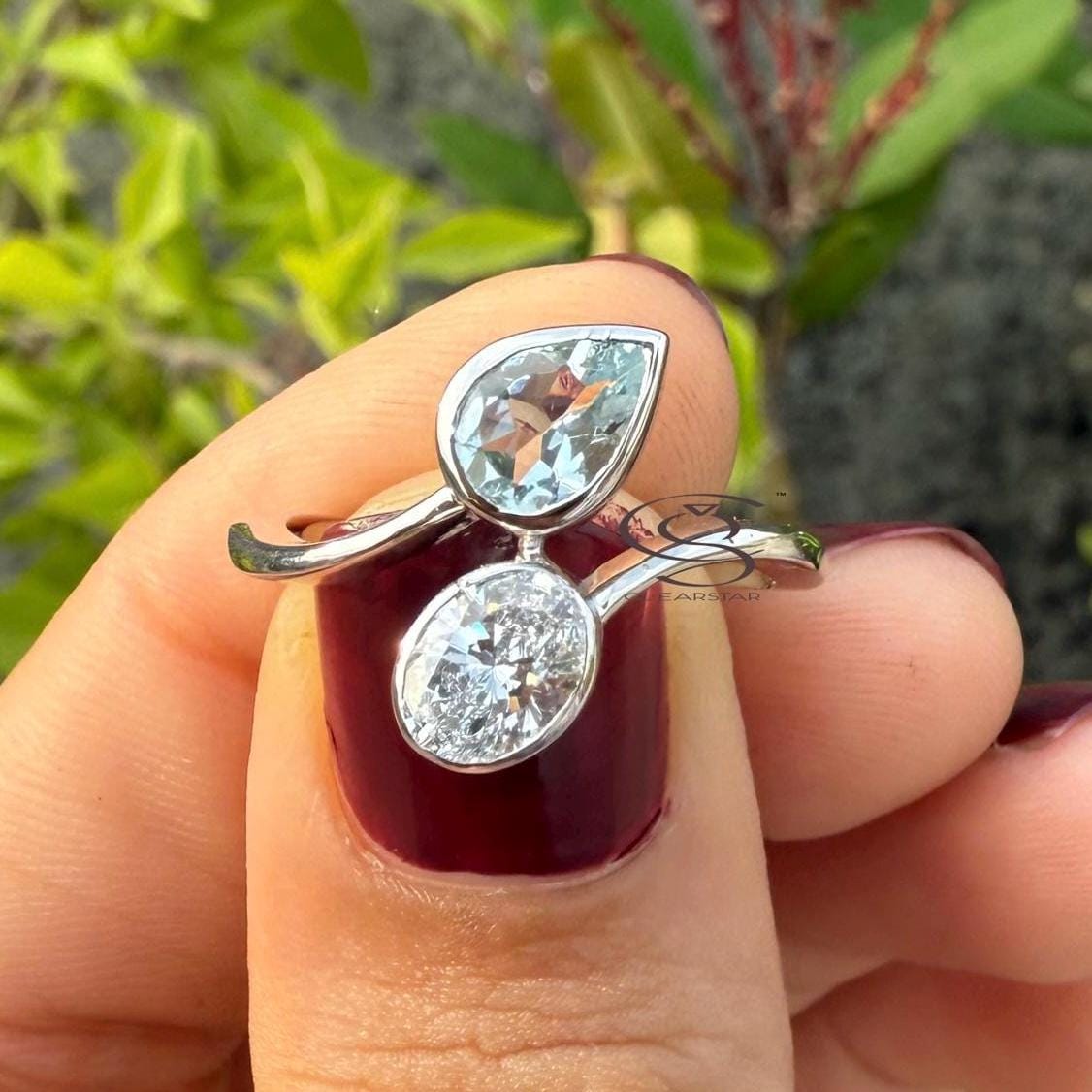 Toi et Moi Ring: 14K Gold, Lab Grown Diamond & Aquamarine Engagement Ring