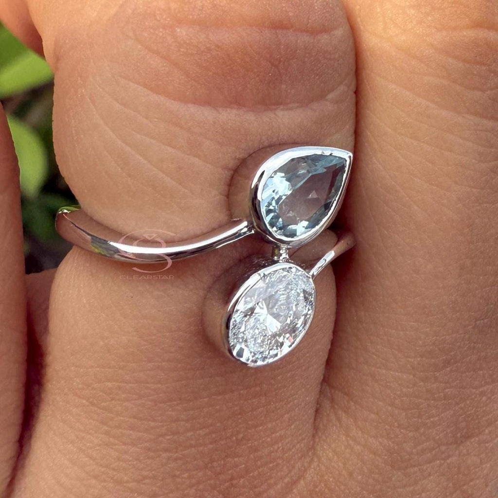 Toi et Moi Ring: 14K Gold, Lab Grown Diamond & Aquamarine Engagement Ring