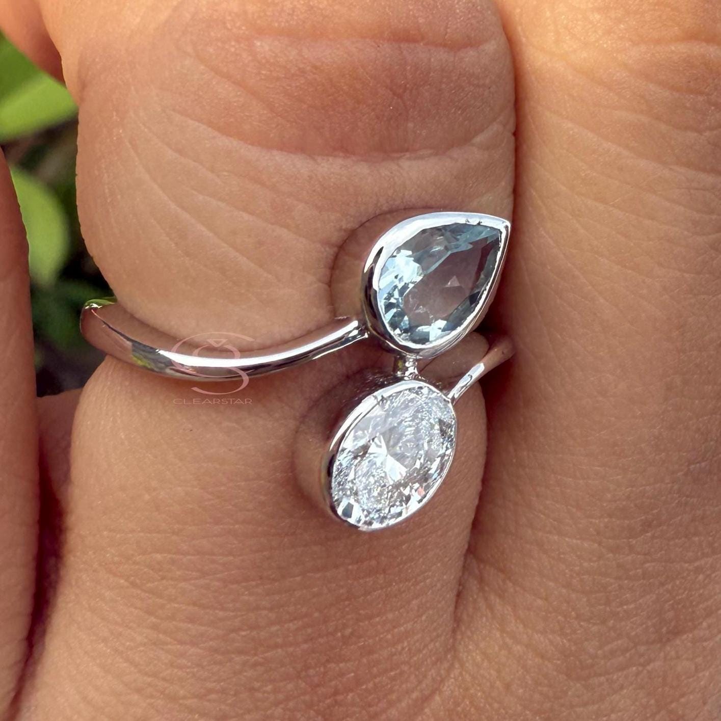 Toi et Moi Ring: 14K Gold, Lab Grown Diamond & Aquamarine Engagement Ring