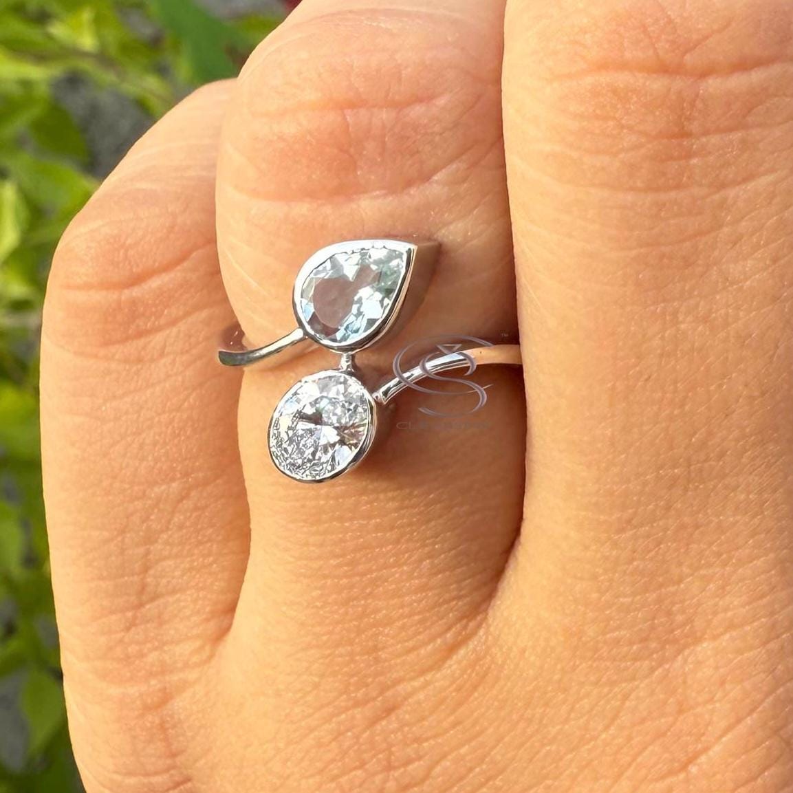 Toi et Moi Ring: 14K Gold, Lab Grown Diamond & Aquamarine Engagement Ring