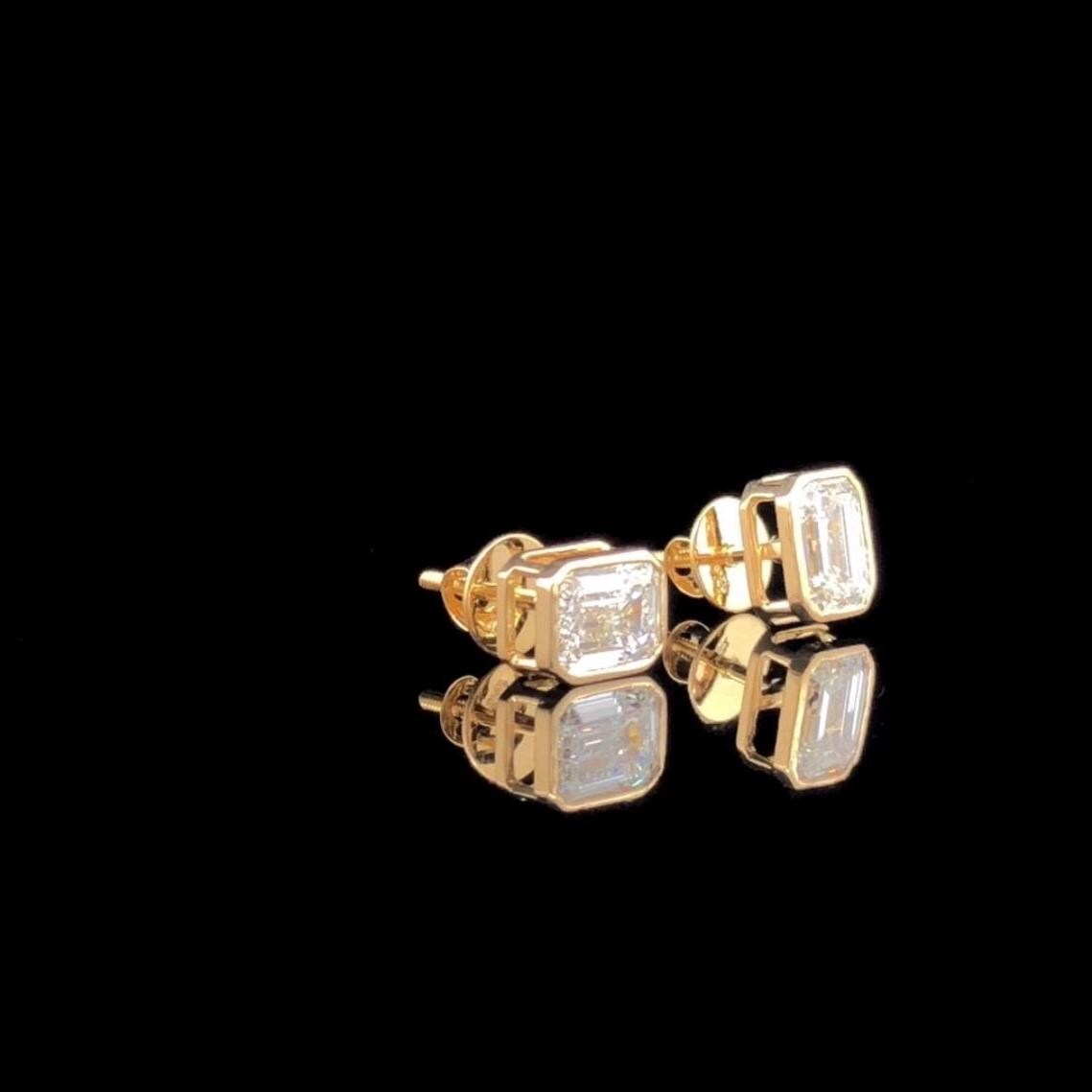 3.00ctw Emerald Cut Lab Grown Diamond Studs: 14K Gold Bezel Set Earrings