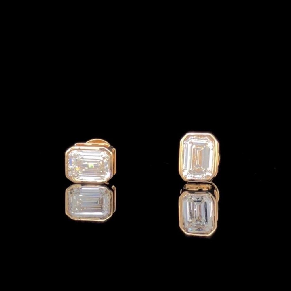 3.00ctw Emerald Cut Lab Grown Diamond Studs: 14K Gold Bezel Set Earrings