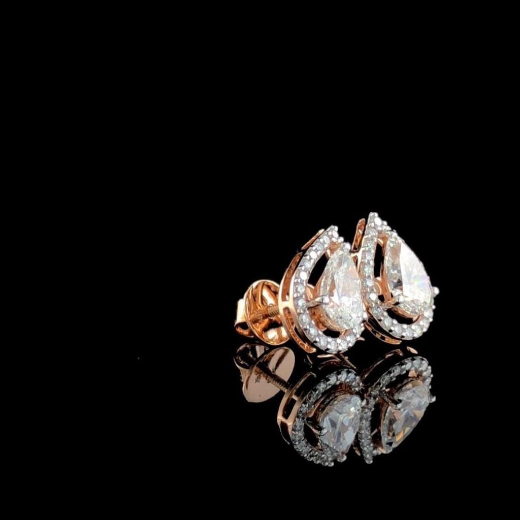 Pear Cut Lab Grown Diamond Halo Stud Earrings | 14K Gold