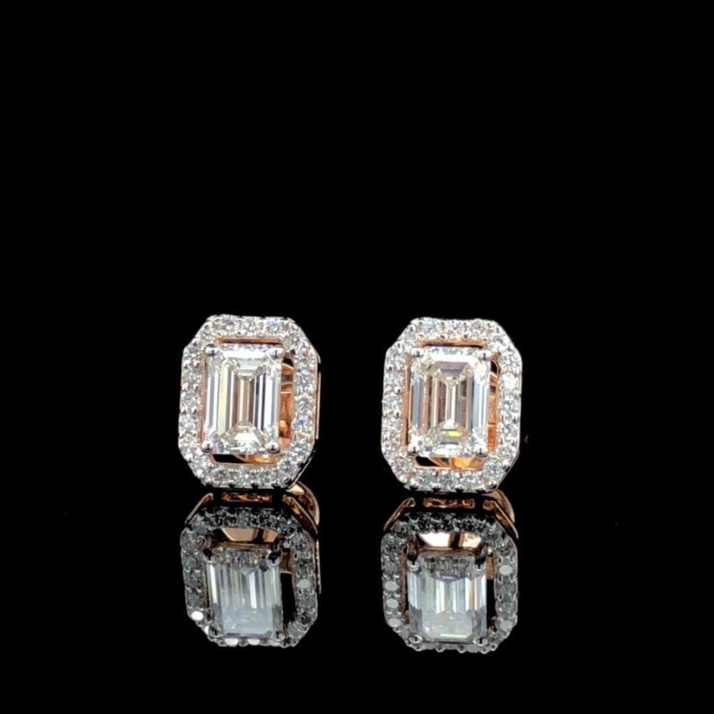 Emerald Cut Lab Grown Diamond Halo Stud Earrings | 14K Gold