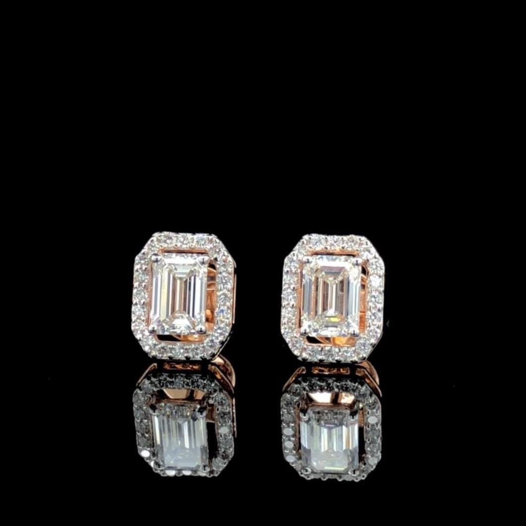 Emerald Cut Lab Grown Diamond Halo Stud Earrings | 14K Gold