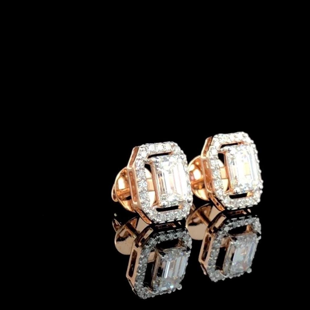 Emerald Cut Lab Grown Diamond Halo Stud Earrings | 14K Gold