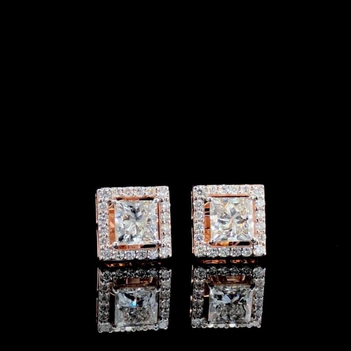 IGI Certified Princess Cut Lab Grown Diamond Halo Earrings | 14K Gold
