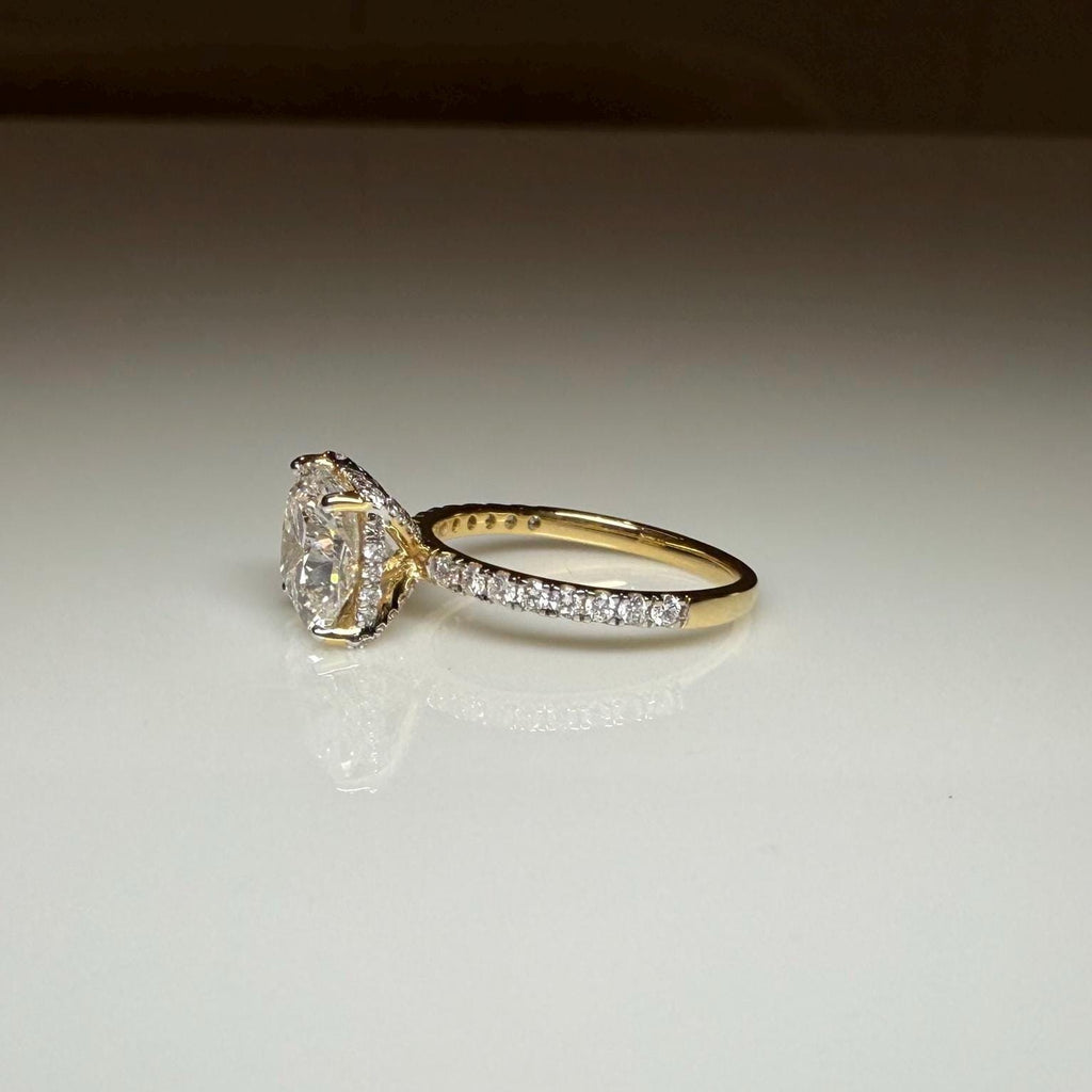Cushion Cut Lab Grown Diamond Engagement Ring: 14K Gold Hidden Halo, IGI Certified