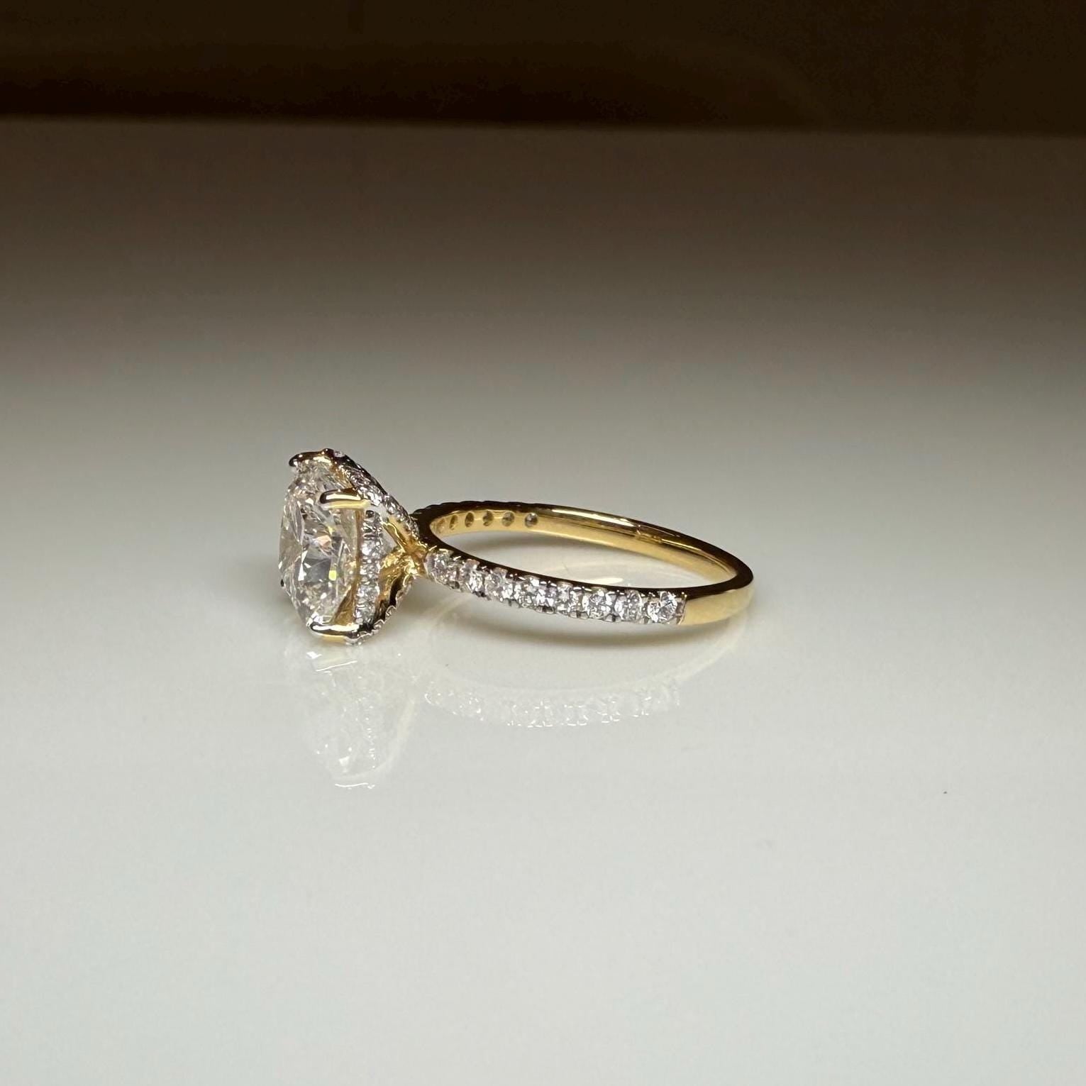 Cushion Cut Lab Grown Diamond Engagement Ring: 14K Gold Hidden Halo, IGI Certified
