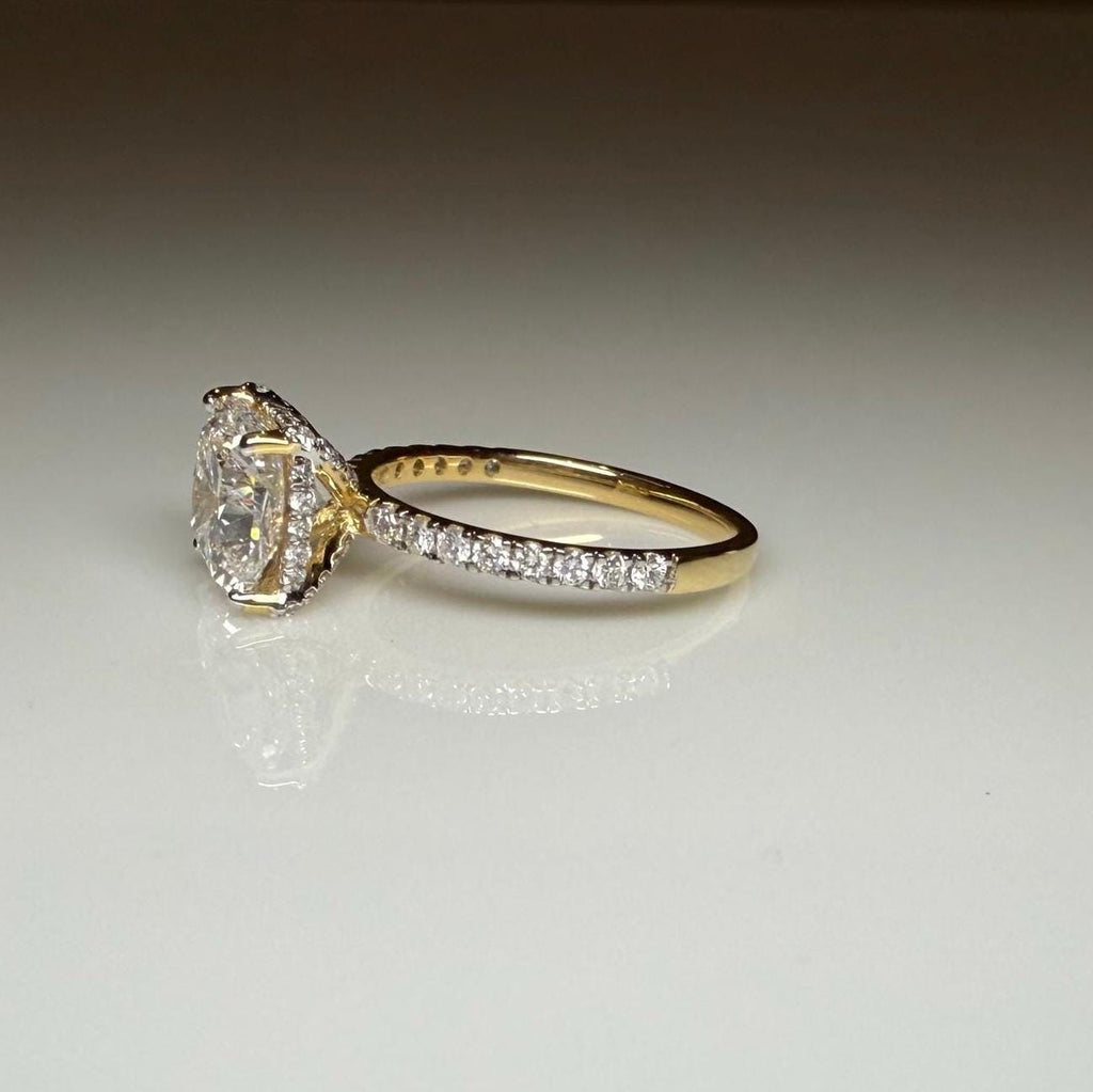 Cushion Cut Lab Grown Diamond Engagement Ring: 14K Gold Hidden Halo, IGI Certified