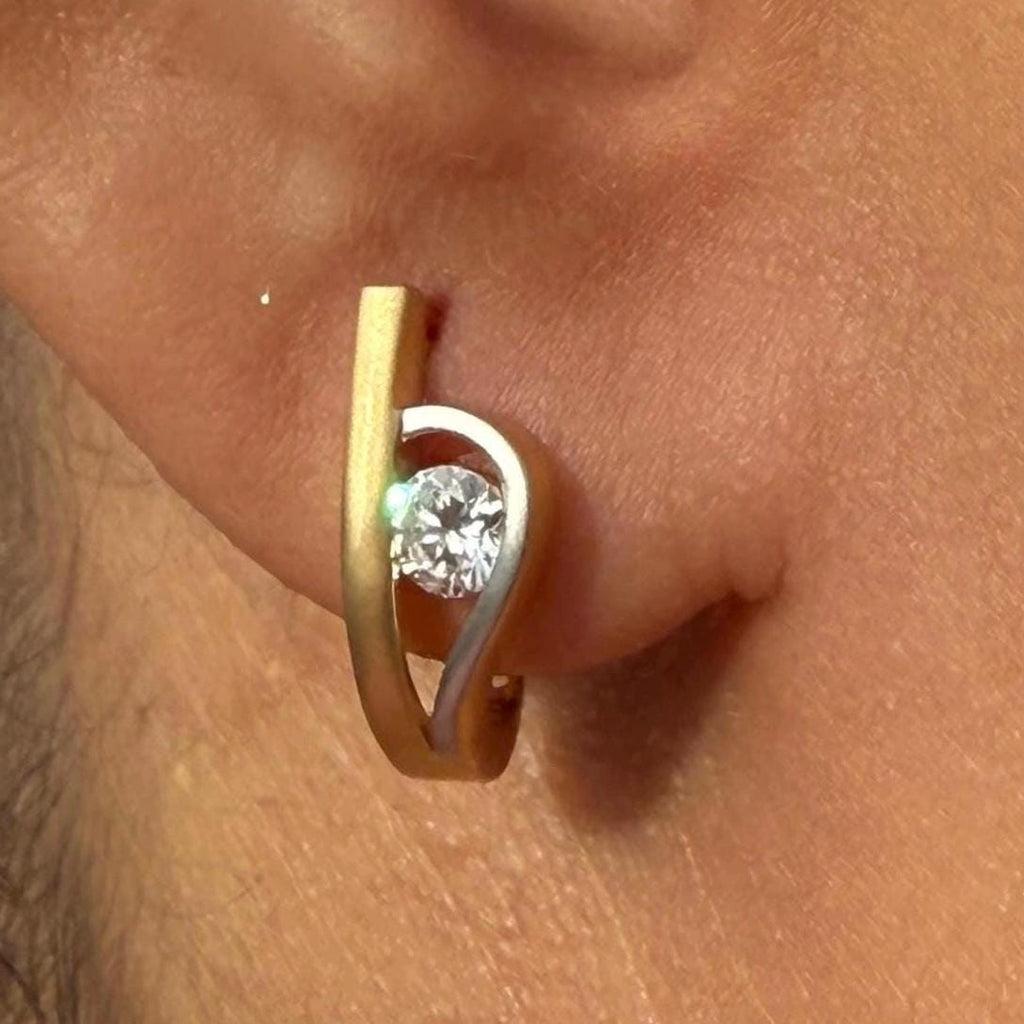 14K Two Tone Gold Lab Grown Diamond Hoop Earrings: Matte U-Shape Huggies