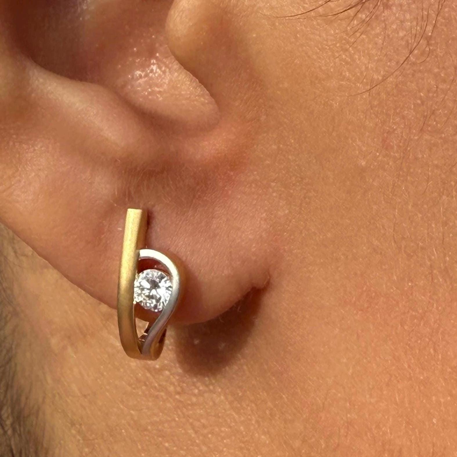 14K Two Tone Gold Lab Grown Diamond Hoop Earrings: Matte U-Shape Huggies