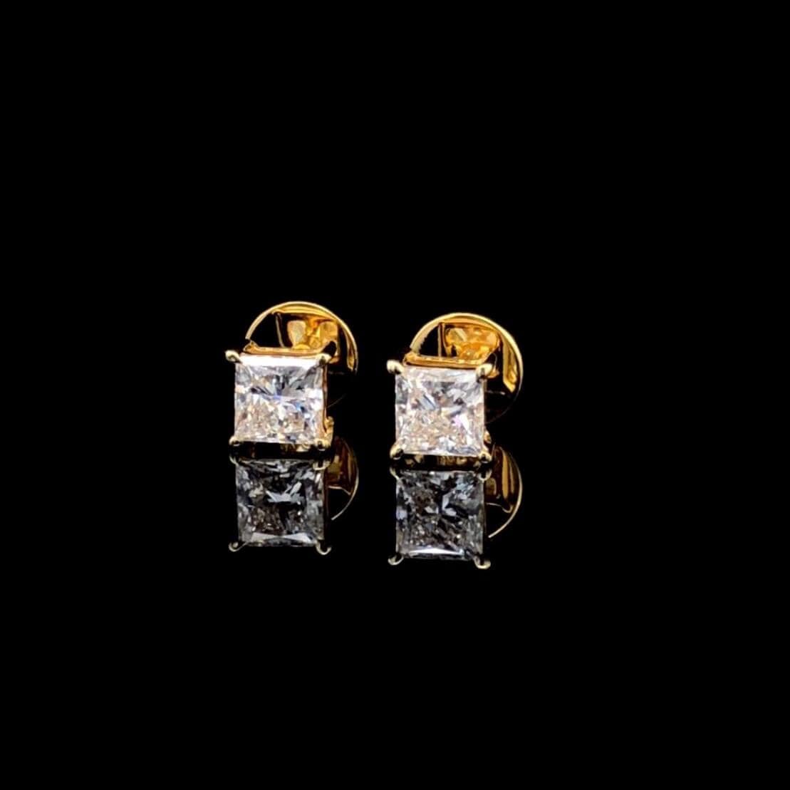 Princess Cut Lab Grown Diamond Stud Earrings: 14K Gold Screw Back