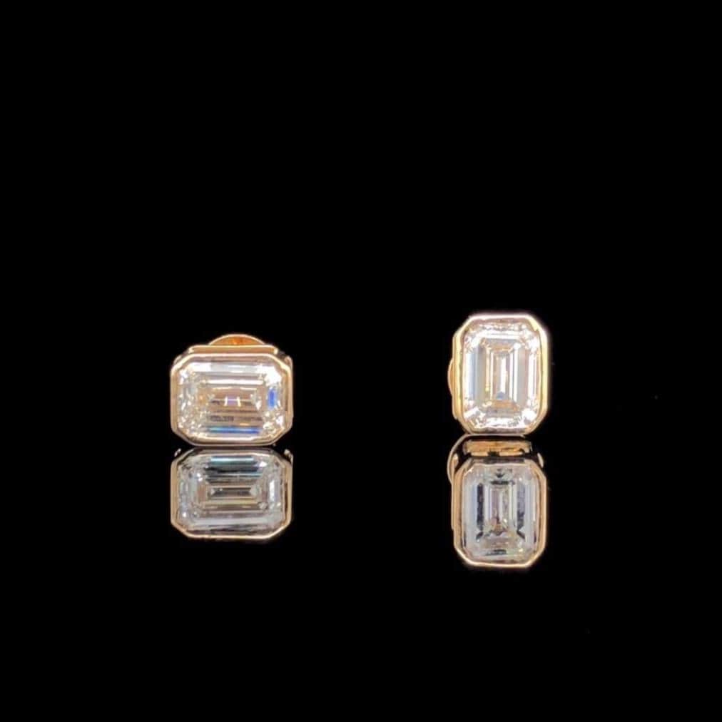 3.00ctw Emerald Cut Lab Grown Diamond Studs: 14K Gold Bezel Set Earrings