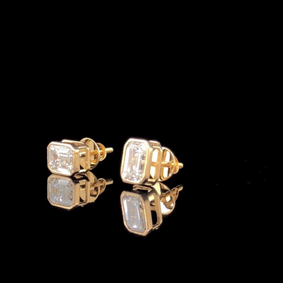 3.00ctw Emerald Cut Lab Grown Diamond Studs: 14K Gold Bezel Set Earrings