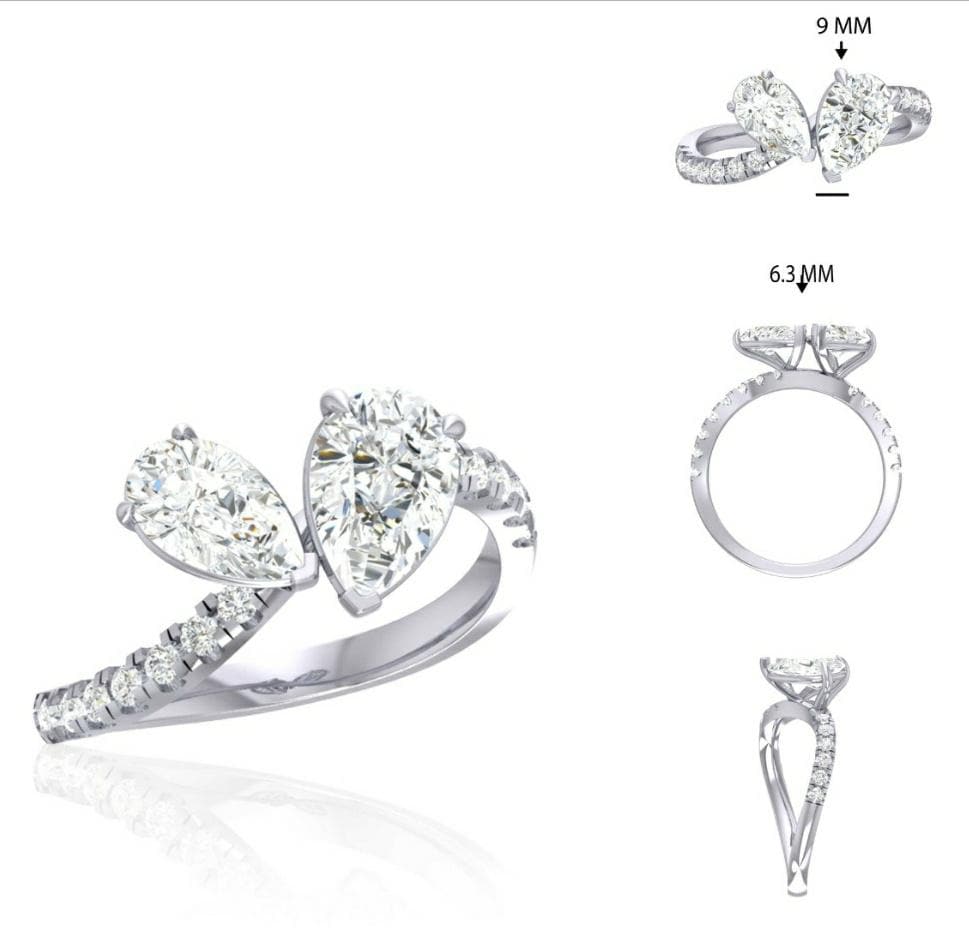 Lab Grown Diamond Toi et Moi Ring: 14K Gold Pear Cut Engagement Ring
