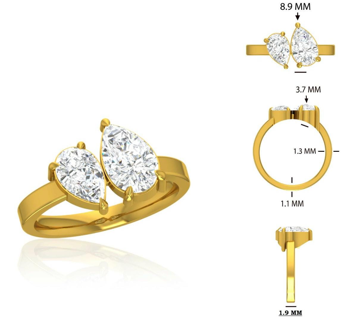 Lab Grown Diamond Toi et Moi Ring: 14K Gold Pear Cut Engagement Ring