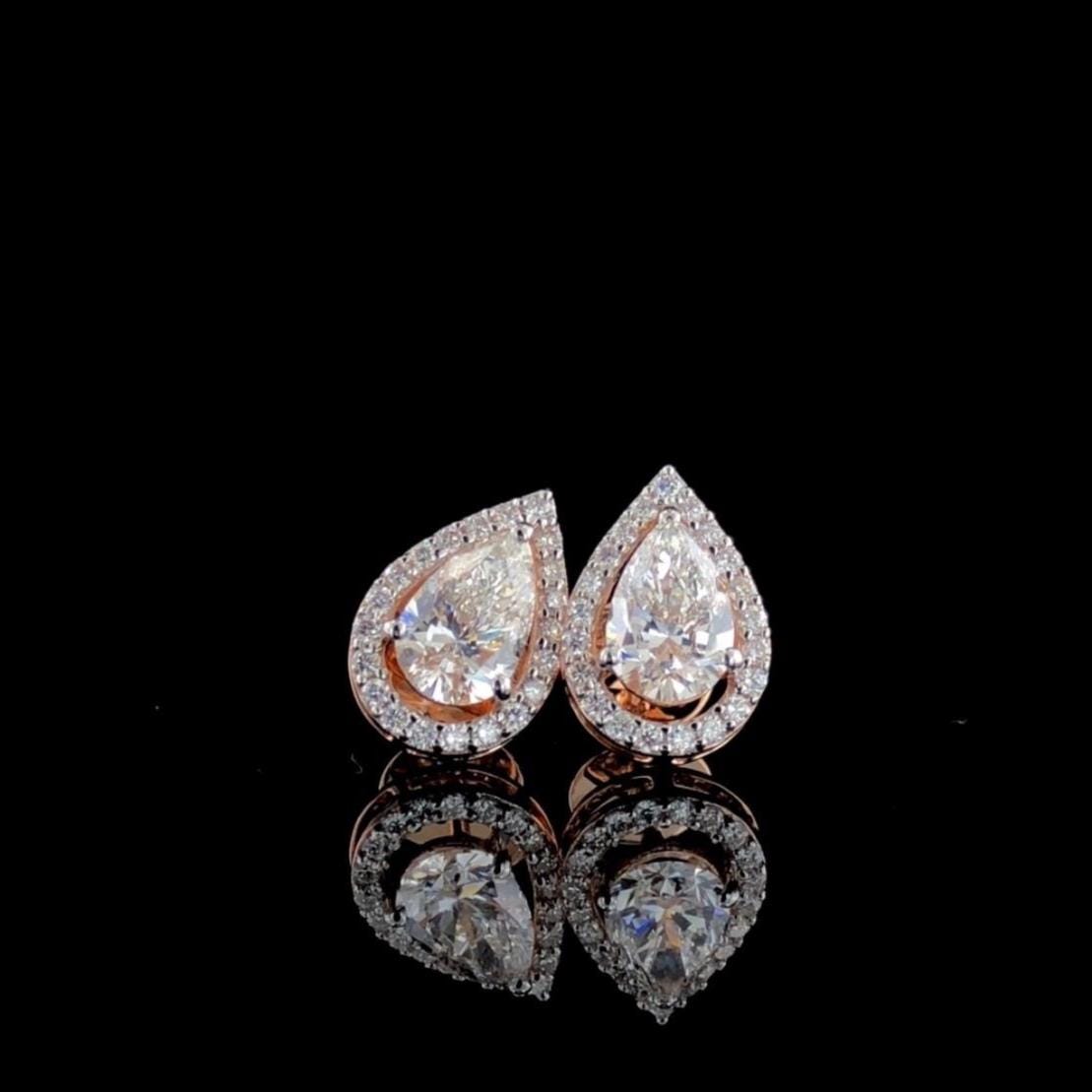 Pear Cut Lab Grown Diamond Halo Stud Earrings | 14K Gold