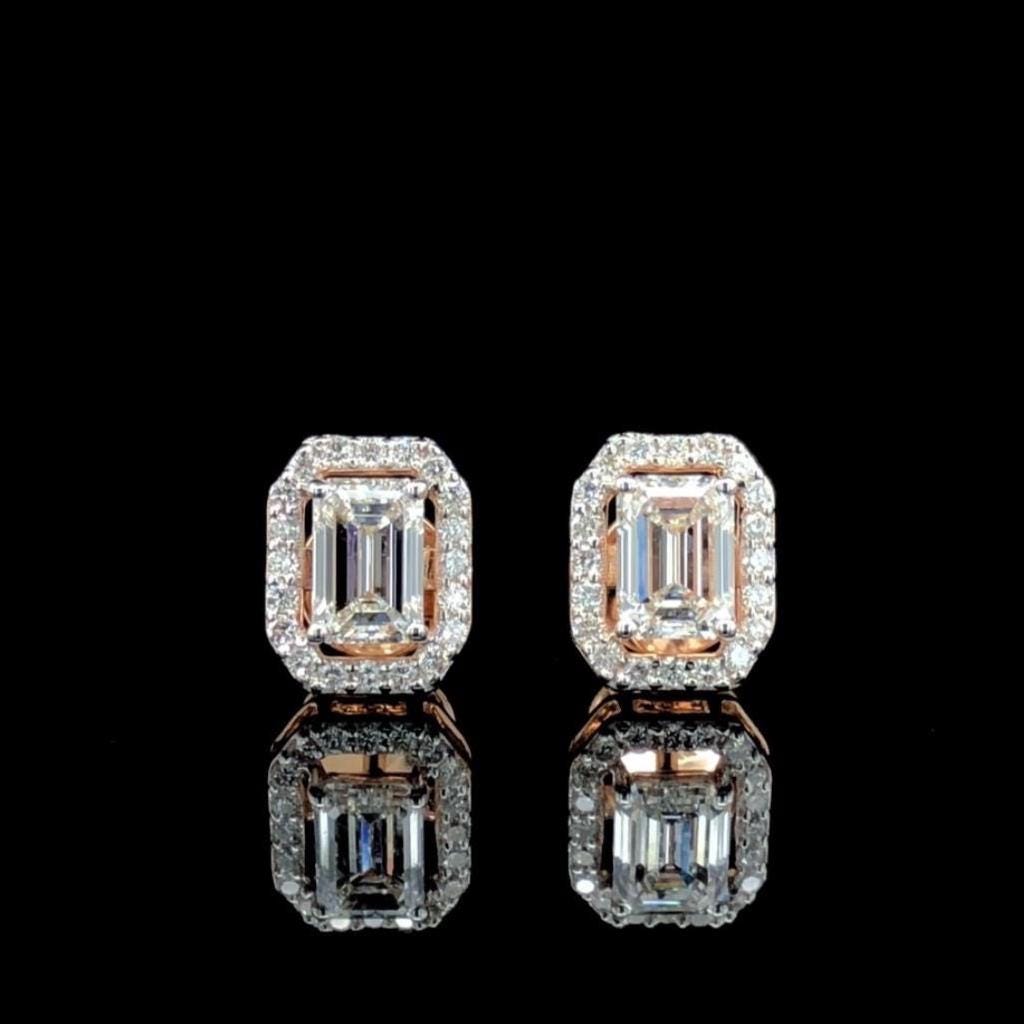 Emerald Cut Lab Grown Diamond Halo Stud Earrings | 14K Gold