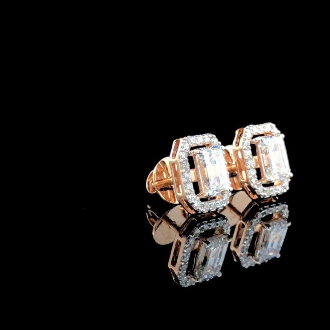Emerald Cut Lab Grown Diamond Halo Stud Earrings | 14K Gold