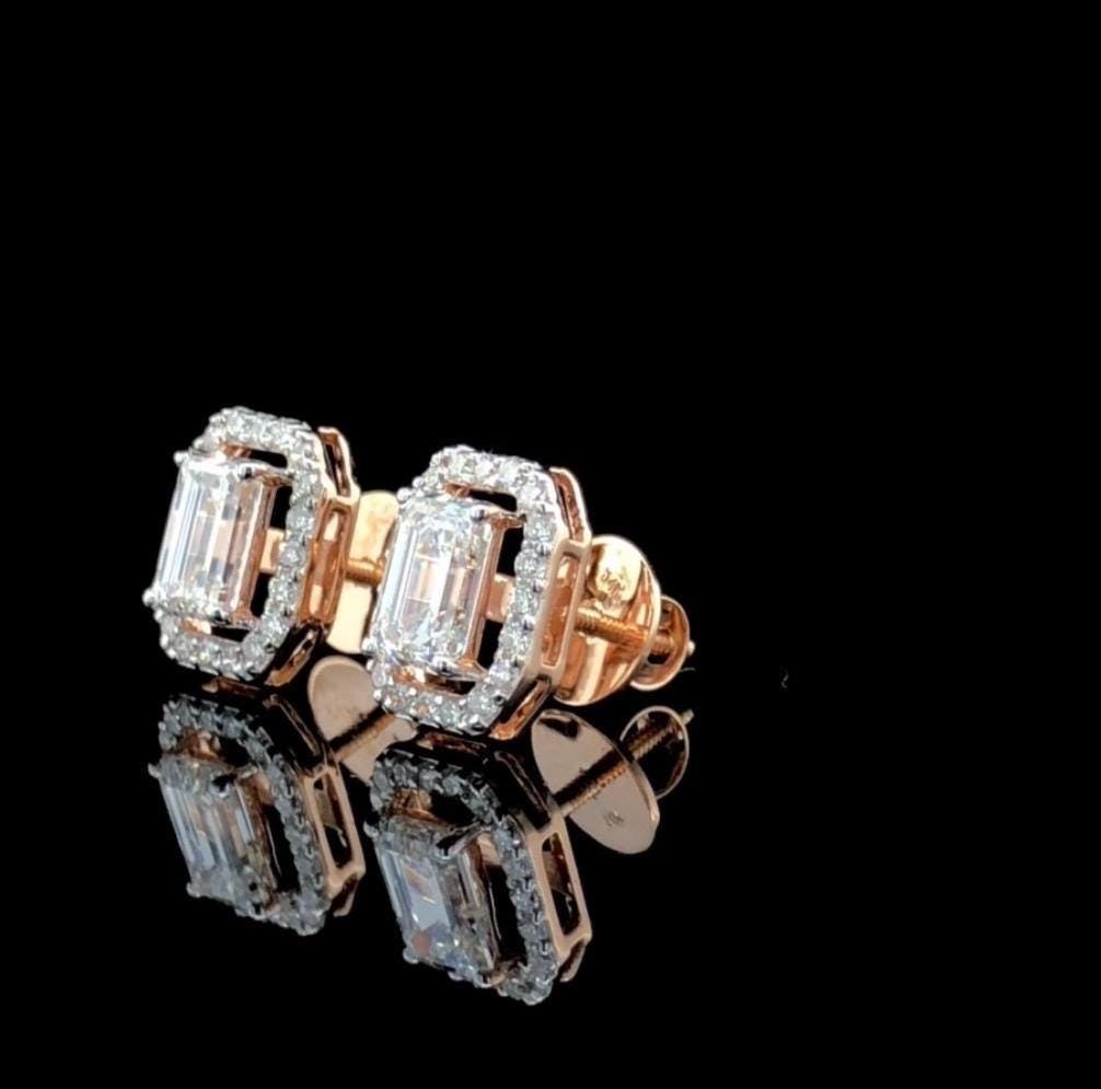 Emerald Cut Lab Grown Diamond Halo Stud Earrings | 14K Gold