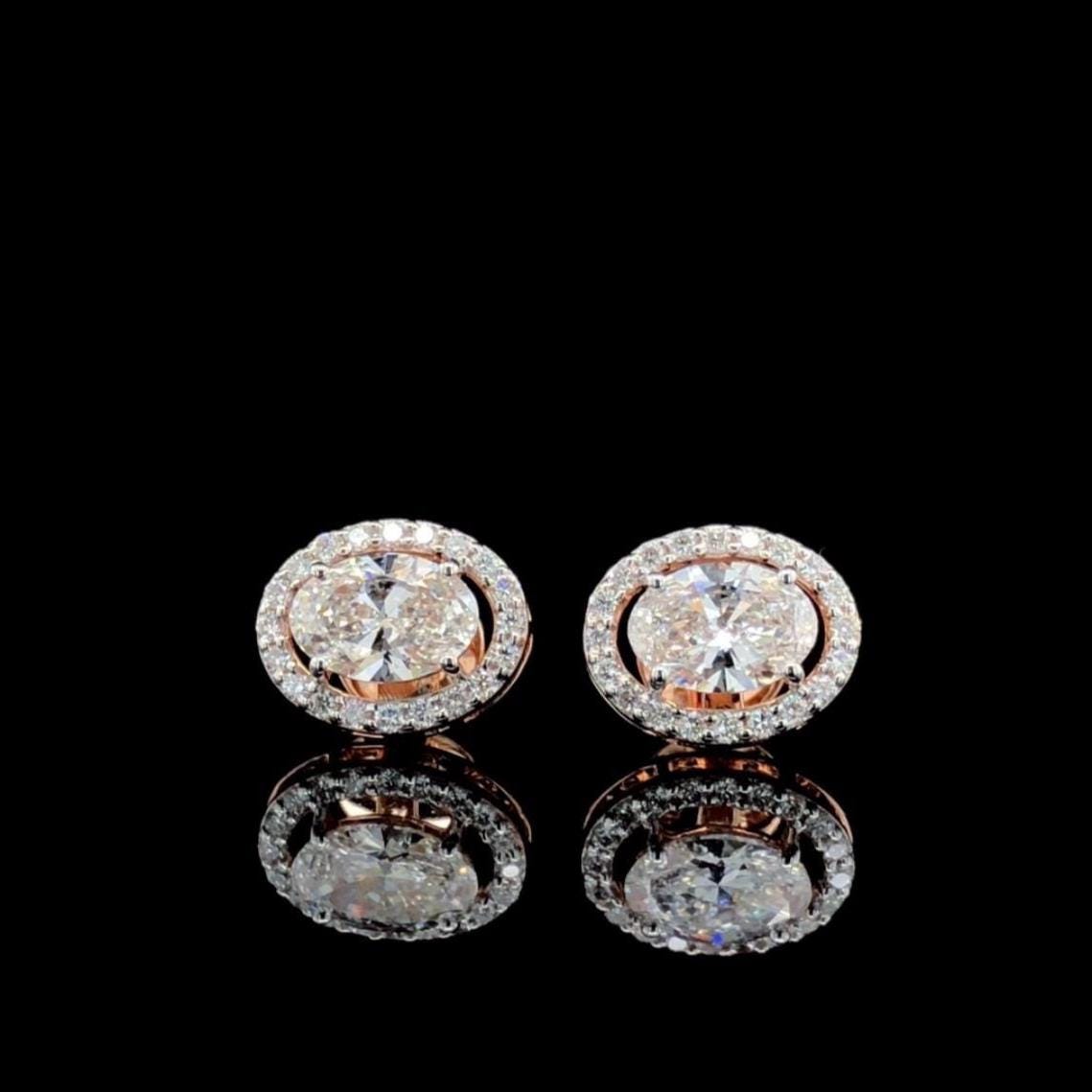 Oval Lab Grown Diamond Halo Stud Earrings | 14K Gold, IGI Certified