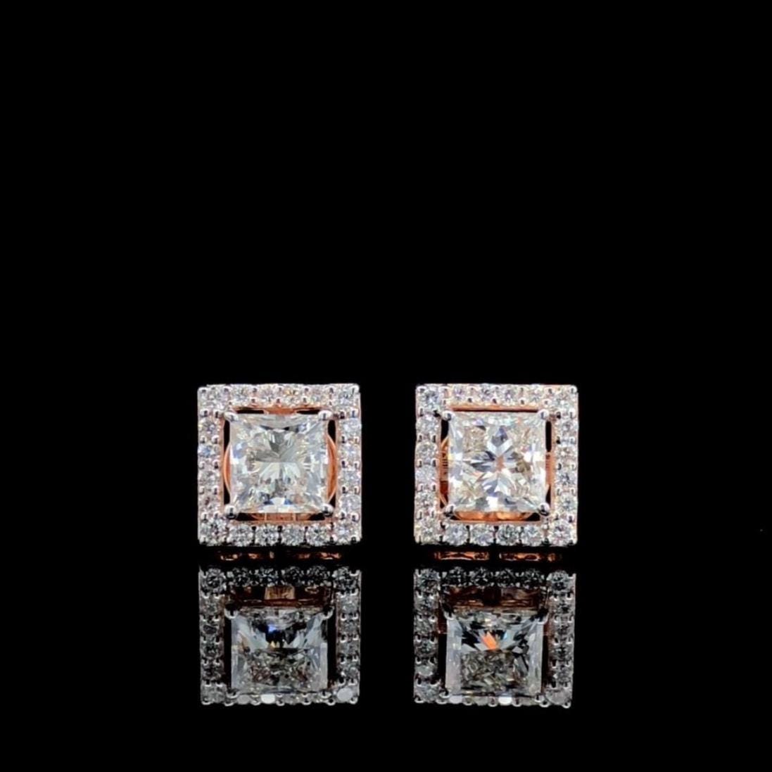 IGI Certified Princess Cut Lab Grown Diamond Halo Earrings | 14K Gold