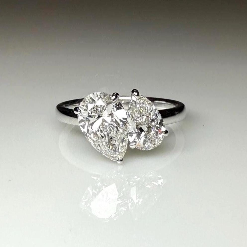 Lab Grown Diamond Toi et Moi Ring: 1.60Ct Pear, 14K Solid Gold Engagement Ring
