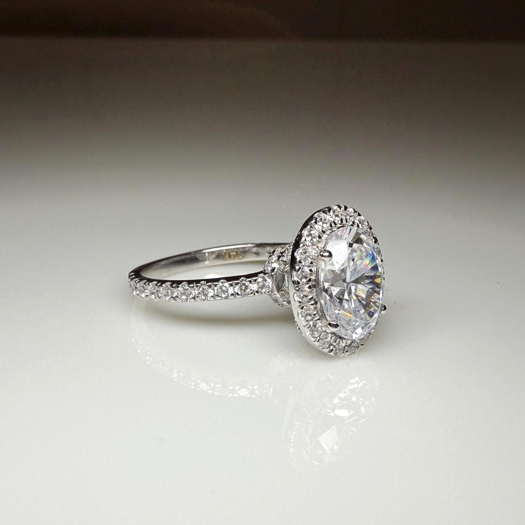 Oval Lab Grown Diamond Engagement Ring: 2.80 CTW Halo, 14K Gold Pave Band