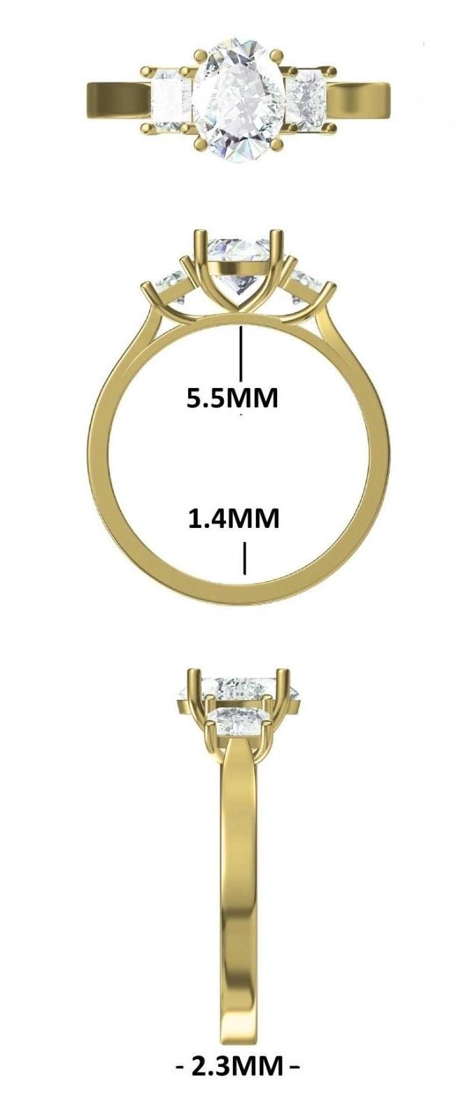 Oval Lab Grown Diamond Engagement Ring: 14K Gold Three Stone Emerald Accents