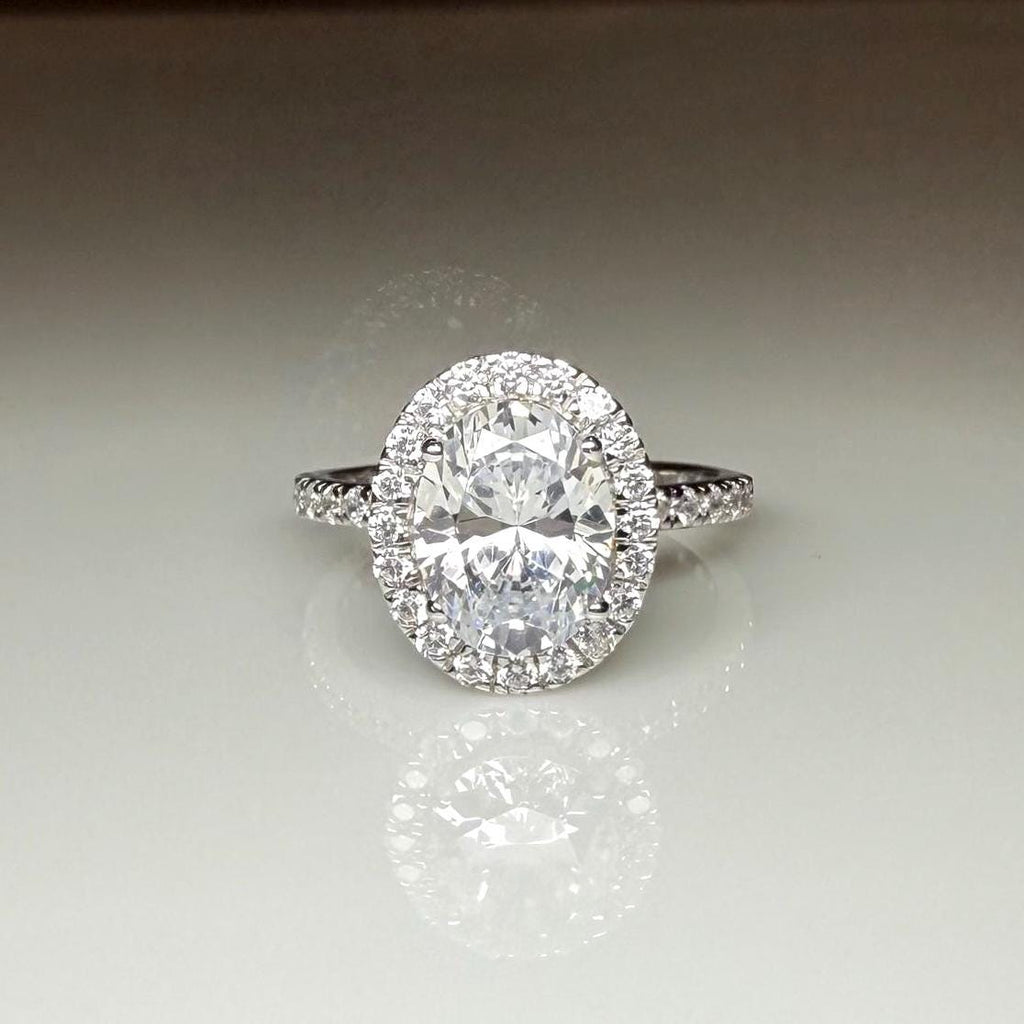 Oval Lab Grown Diamond Engagement Ring: 2.80 CTW Halo, 14K Gold Pave Band
