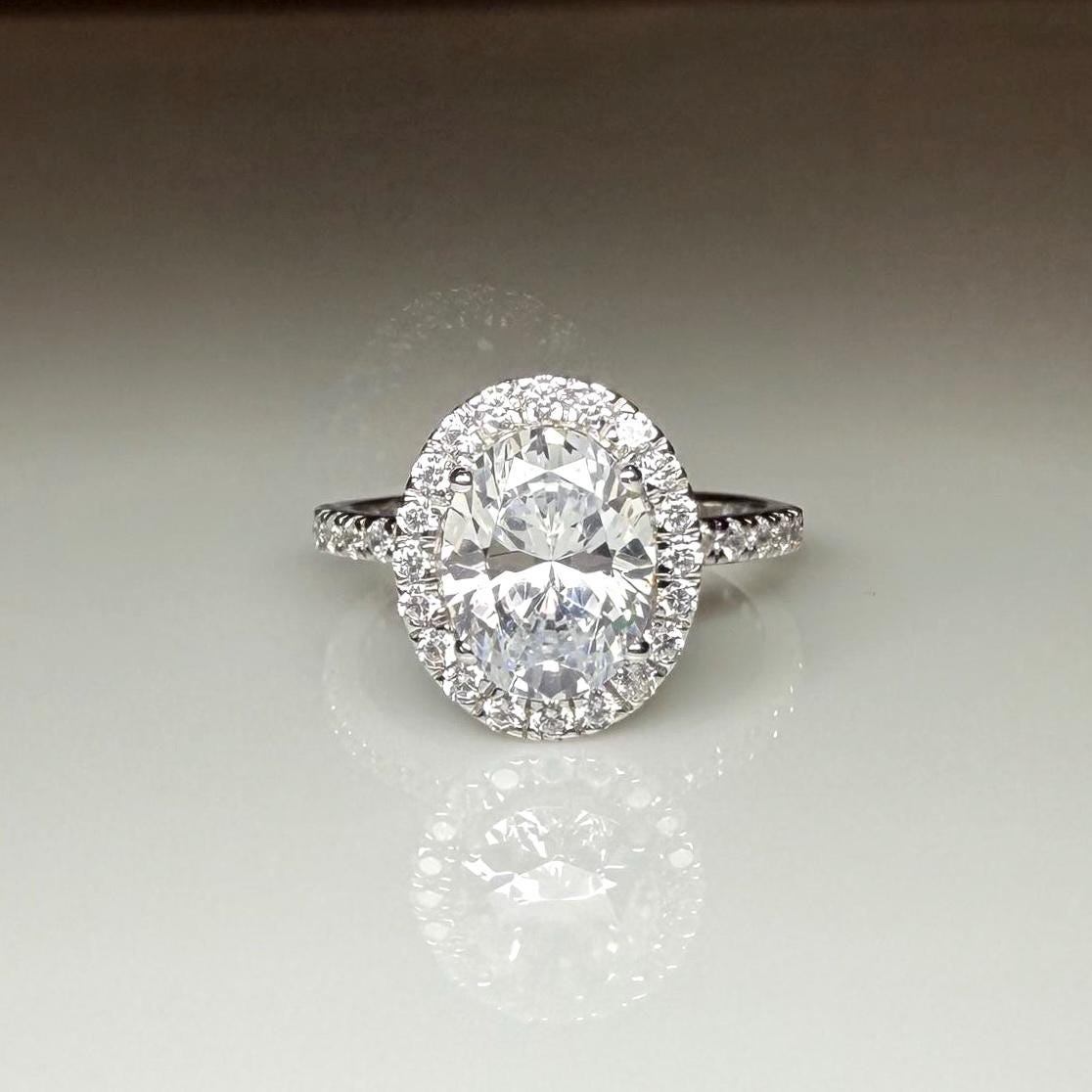 Oval Lab Grown Diamond Engagement Ring: 2.80 CTW Halo, 14K Gold Pave Band
