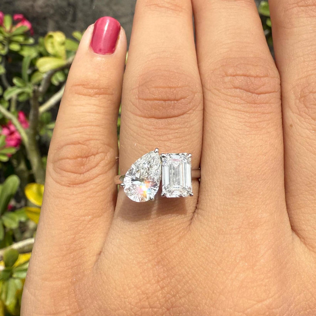 Lab Grown Diamond Toi et Moi Ring: 14K Gold Pear & Emerald Cut