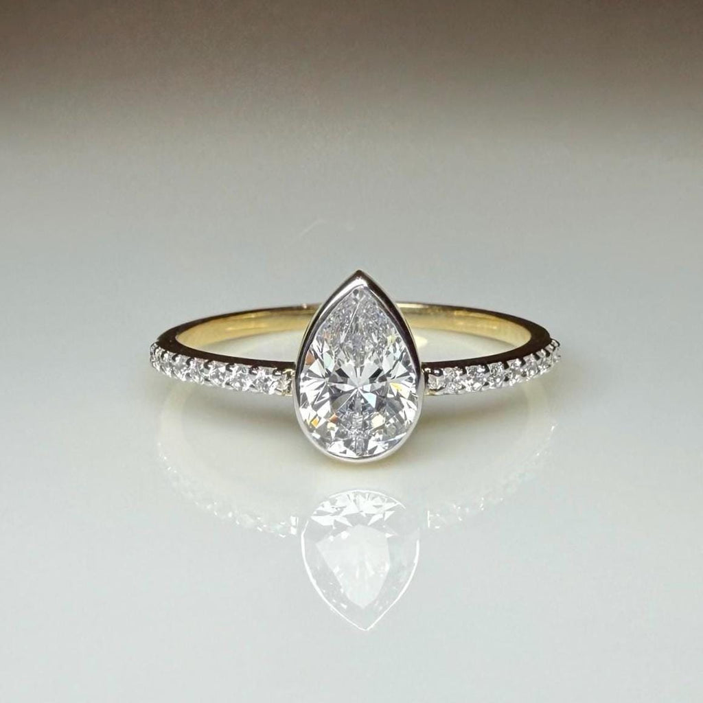 Pear Cut Lab Grown Diamond Engagement Ring: 14K Solid Gold Bezel Set Solitaire Ring