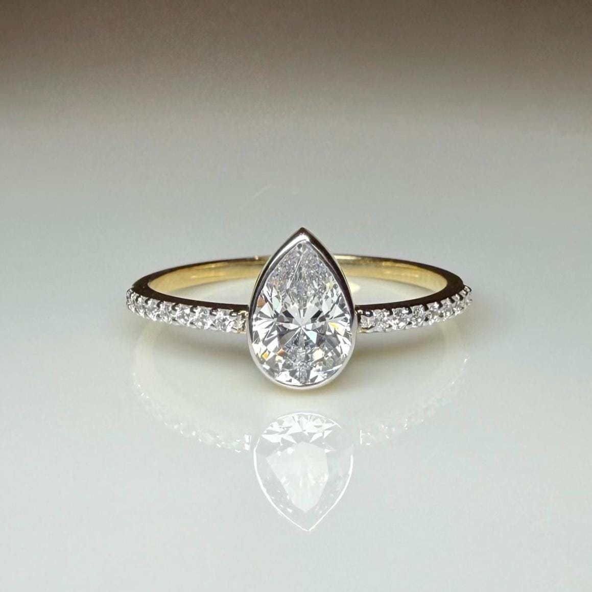 Pear Cut Lab Grown Diamond Engagement Ring: 14K Solid Gold Bezel Set Solitaire Ring
