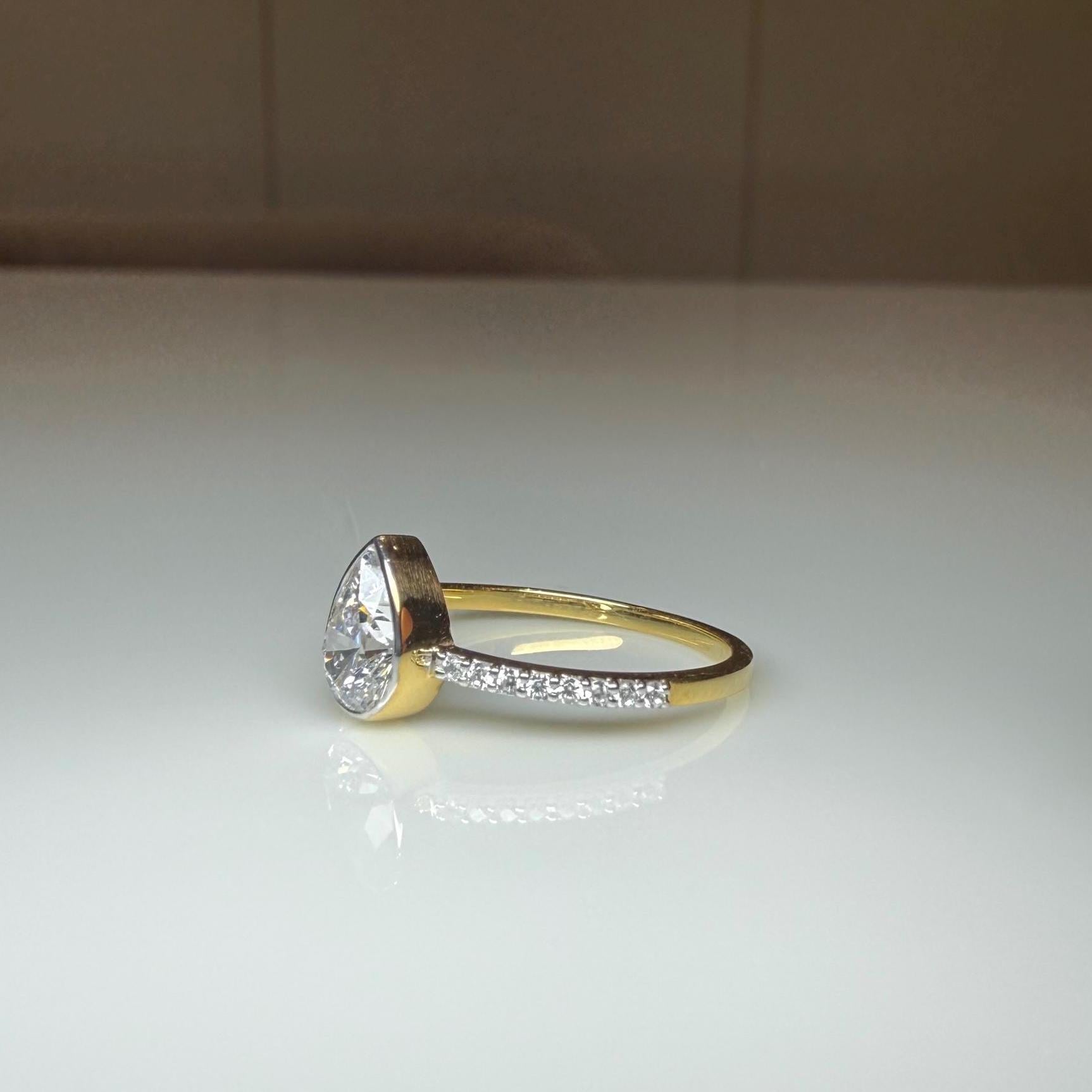 Pear Cut Lab Grown Diamond Engagement Ring: 14K Solid Gold Bezel Set Solitaire Ring